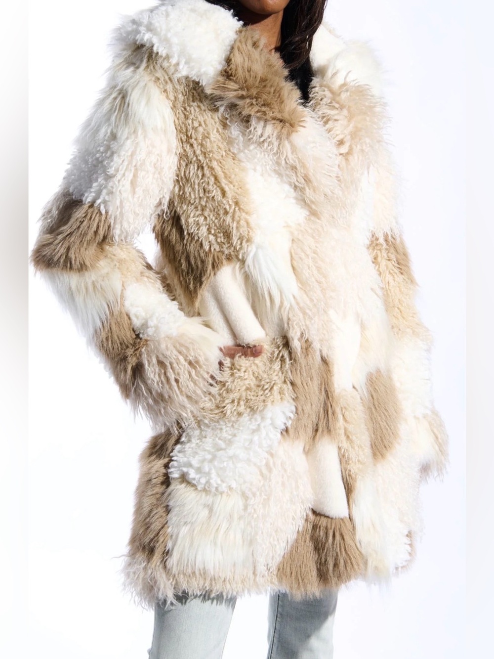 NWT Azalea Wanv Patchwork Faux Fur Coat - Cream & Tan size L